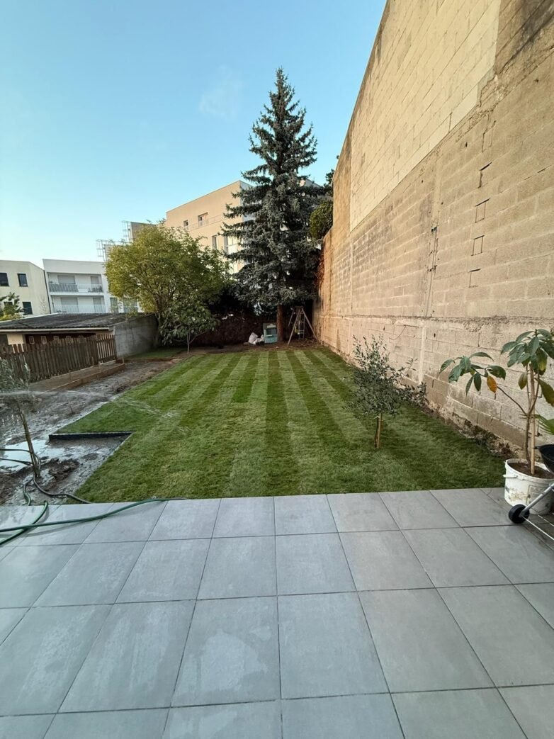 Entretien de jardin après pose de gazon Utilisation du souffleur Aménagement et maintenance de pelouse urbaine